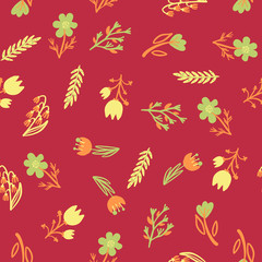 Hand Drawn pattern with summer flowers and herbs vintage Hohloma floral elements. Blue Yellow on white
