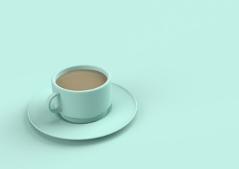Coffee milk in pastel blue sky color with copy space for your text. Minimal concept 3d render.