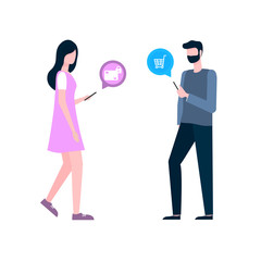 Woman and man shopping online walking people holding phone vector. Customers with smartphones using internet to buy things, clients couple with cells