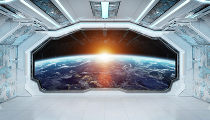 White blue spaceship futuristic interior with window view on planet Earth 3d rendering