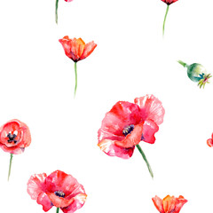 Watercolor hand drawn red poppies isolated seamless pattern.