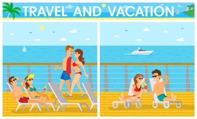 Travel and vacation on cruise liner, men in shorts and women in swimsuit lying on chaise lounge. Cloudy sky and ocean view from ship, sunbathing vector