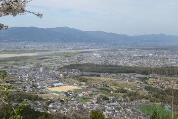 山から見る桜と町の風景