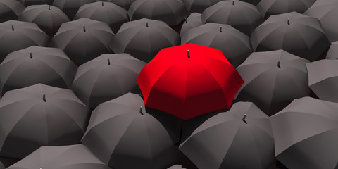 3d - red umbrella among many black umbrellas