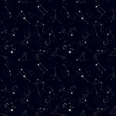 Zodiac seamless pattern, space, star constellations, horoscope symbols. Texture for wallpapers, fabric, wrap, web page backgrounds, vector illustration