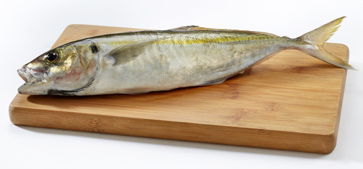 Fresh horse mackerel fish on wooden cutting board