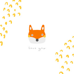 Cute fox for kids. Doodle style poster, card, print, postcard with forest animal, abstract elements