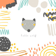 Cute doodle card, postcard, tag, poster with wolf, abstract elements.