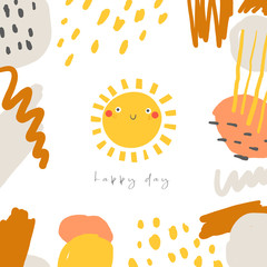 Cute doodle card, postcard, tag, poster with sun, abstract elements.
