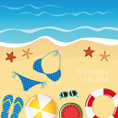 Fototapeta na wymiar different beach utensils summer holiday background with flip flops sunglasses bikini and starfish vector illustration EPS10