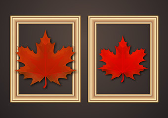 Set of hanging decorative frames for photos and images with shadow effects. Bright creative maple leaves.