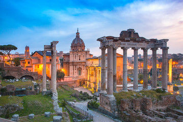 Fototapeta na wymiar Ancient ruins of Roman Forum at sunrise, Rome, Italy