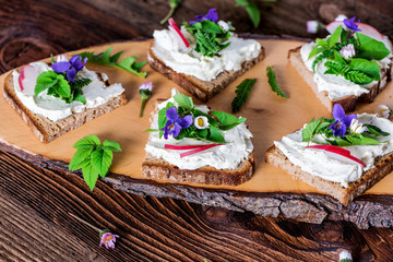Delicious sandwiches with spread of fresh wild meadow herbs, beautifully decorated with fresh radishes served on a rustic wooden board