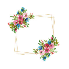 Painted watercolor floral frame vignette with a bouquet of rose flowers. Border, background template for Greeting card. Valentine's Day, Mother's Day, wedding, birthday - Illustration