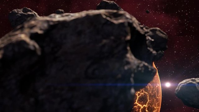 Behind the asteroids of Lava-Planet. There is a sun, bright stars and red space nebula in the background. This is version 2 of Lava-Planet with more lava streams.