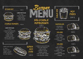 Burger menu poster design on the chalkboard elements. Fast food menu skech style. Can be used for layout, banner, web design, brochure template. Vector illustration. - obrazy, fototapety, plakaty