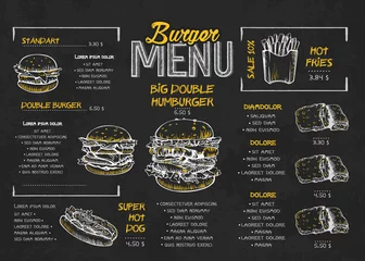 Fotobehang Burger menu poster design on the chalkboard elements. Fast food menu skech style. Can be used for layout, banner, web design, brochure template. Vector illustration. © Yury