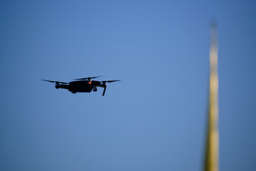 Drone flies over the city center on the background of the sights of St. Petersburg. Photographs and videotaping.