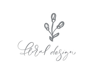 Floral Design text. Vector trendy scandinavian hand drawn beauty, organic cosmetics, florist, photography, wedding logo flower, home decor, badges emblem logotypes. Icon elegant plant