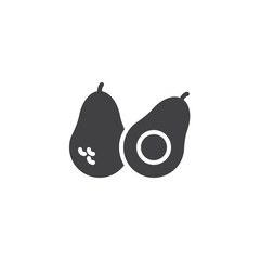 Whole avocado fruit and halves vector icon. filled flat sign for mobile concept and web design. Avocado glyph icon. Healthy food symbol, logo illustration. Pixel perfect vector graphics