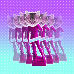 Contemporary art collage of pink neon Davids with cat head, masterpiece of Renaissance sculpture created  by Michelangelo. Vaporwave style. gradient background.