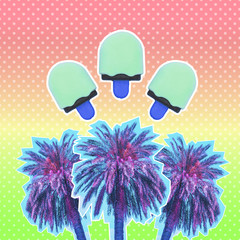 Contemporary art collage of palm trees and ice cream on gradient background with dots.