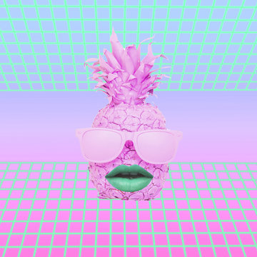Contemporary art collage with painted pink pineapple head in sunglasses and green lips. Neon road background with gradient color