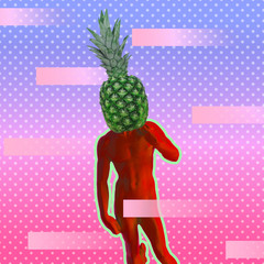 Contemporary art collage of red neon sculpture with pineapple head and lines. Vaporwave style. gradient background with dots
