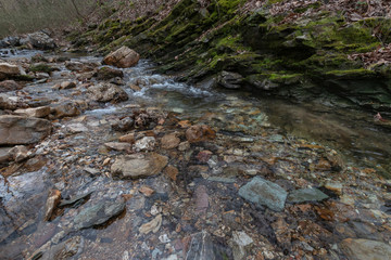 A small mountainside waterfall in the summertime.