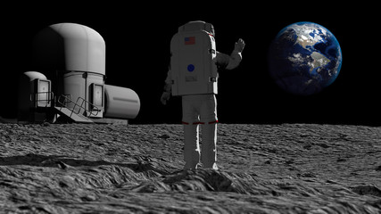 Astronaut walking on the moon and admiring the beautiful Earth. CG Animation. Elements of this image furnished by NASA. 3D rendering