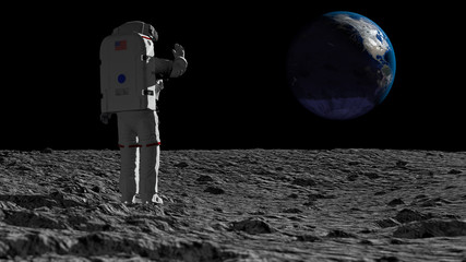 Astronaut walking on the moon and admiring the beautiful Earth. CG Animation. Elements of this image furnished by NASA. 3D rendering