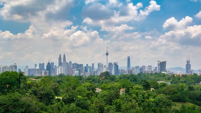 4K Time lapse of moving fluffy monsoon clouds  over downtown Kuala Lumpur, Malaysia.