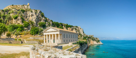 Fototapeta na wymiar Corfu, Kerkyra Saint George Church inside the old fortress on the seashore.