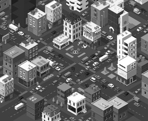 Vector isometric city. Black and white town district. Street Intersection road 3d. Very high vector detail monochromatic. Residential quarter. Cars end buildings top view square section.