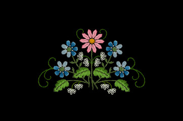 Black background with pattern for embroidery satin stitch bouquet of one flower marguerite with white flowers and violets on spun twigs  with leaves