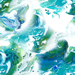 Blue, green and white fluid acrylic pour painting as seamless surface pattern design