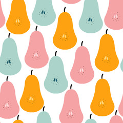 Seamless pattern with big pear. Kids fruit print. Vector hand drawn illustration.