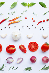 Various fresh vegetables and herbs on white background. Healthy eating concept