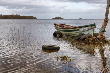 Boat, Island and vegetation at Western way trail in Lough Corrib
