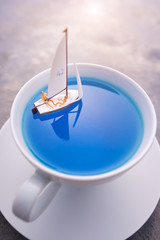 Dreams about holidays. the couple is sailing in a cup. miniature world