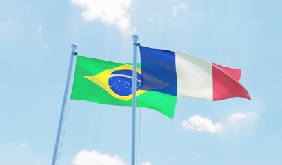 France and Brazil, two flags waving against blue sky. 3d image