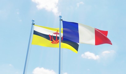 France and Brunei, two flags waving against blue sky. 3d image