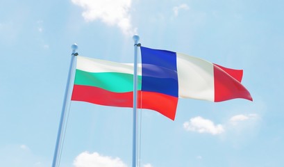 France and Bulgaria, two flags waving against blue sky. 3d image