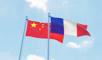 Fototapeta na wymiar France and China, two flags waving against blue sky. 3d image