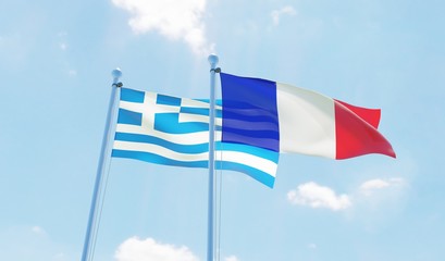 France and Greece, two flags waving against blue sky. 3d image