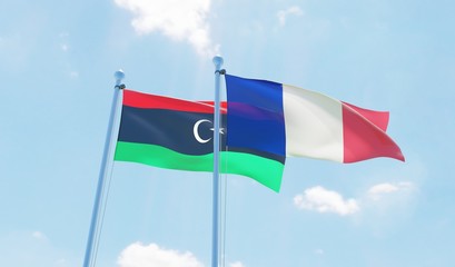 France and Libya, two flags waving against blue sky. 3d image