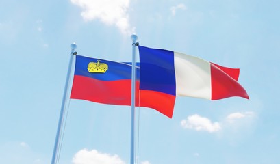 France and Liechtenstein, two flags waving against blue sky. 3d image