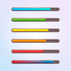 Set of six game resource bar in stone frame. Cartoon style gui elements for mobile game. Vector design template for game, web development.