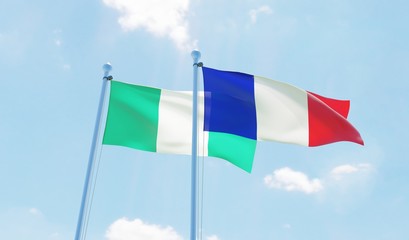 France and Nigeria, two flags waving against blue sky. 3d image