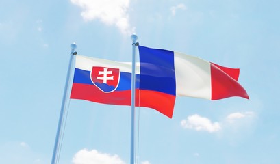 France and Slovakia, two flags waving against blue sky. 3d image